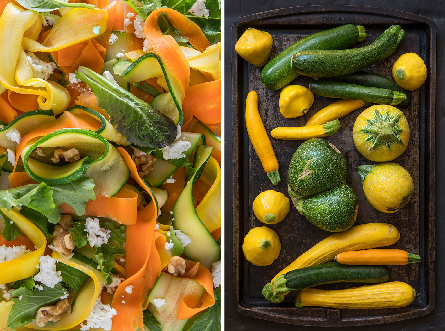 Feta Summer Squash Ribbon Salad and Summer Squash on pan